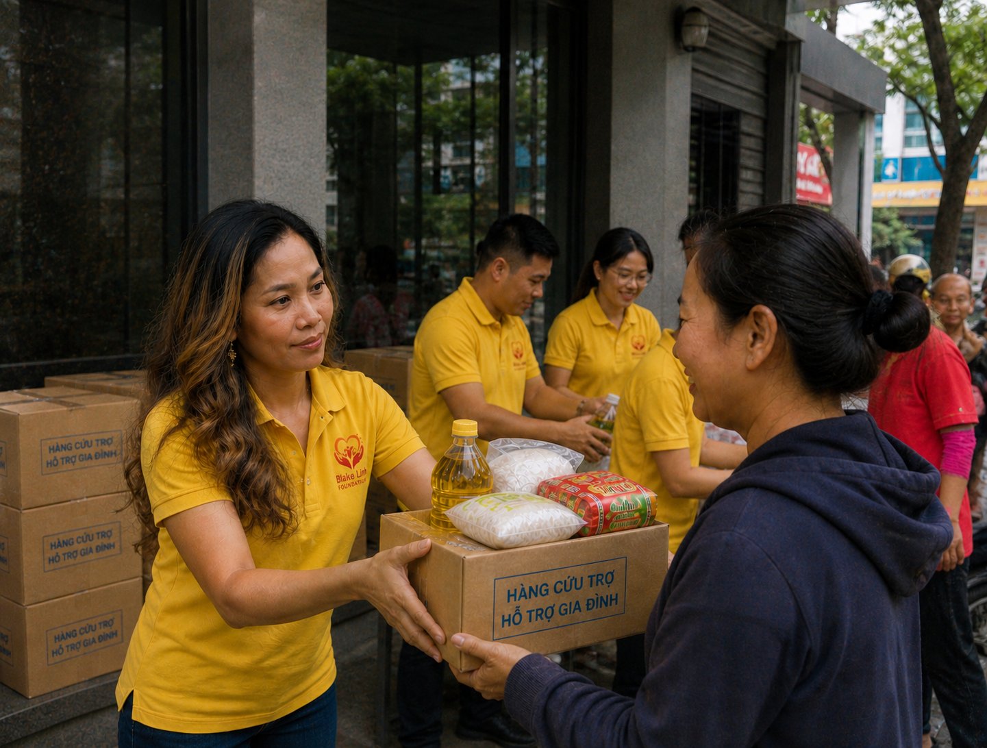 Volunteers distributing food to children in Vietnam